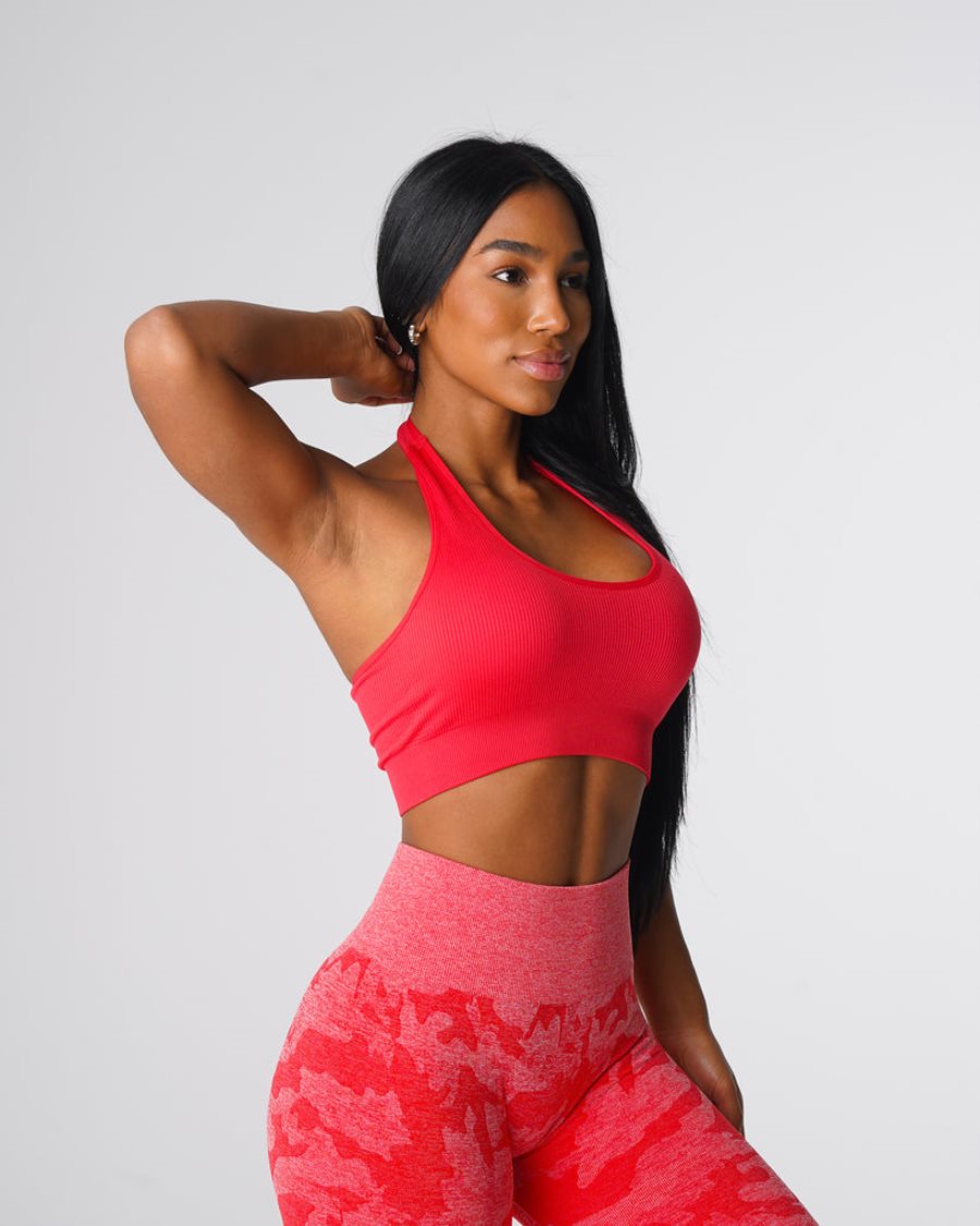 NVGTN Limitless Ribbet Seamless Halter Sports Bh Dame Rød Danmark | 4A0LAXNR