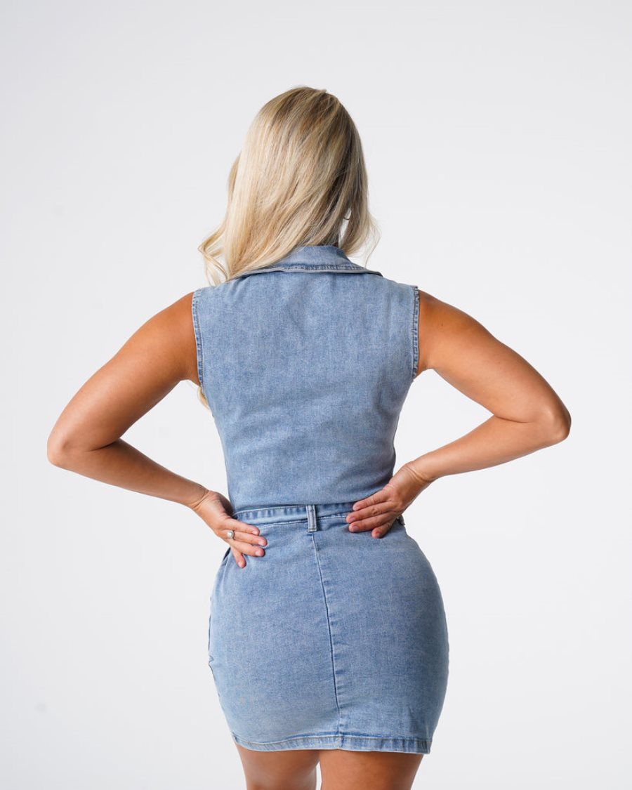 NVGTN Sweet Surprise Denim Mini Kjole Dame Lyseblå Danmark | PEAKVEMH